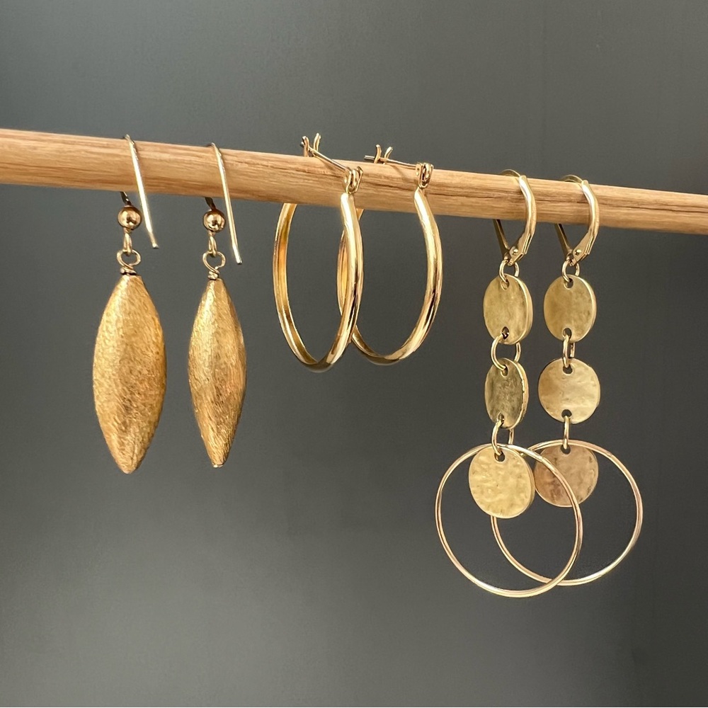 3 Pairs of 14k Yellow Gold Filled 1/20 Earrings, Hoops and Drops